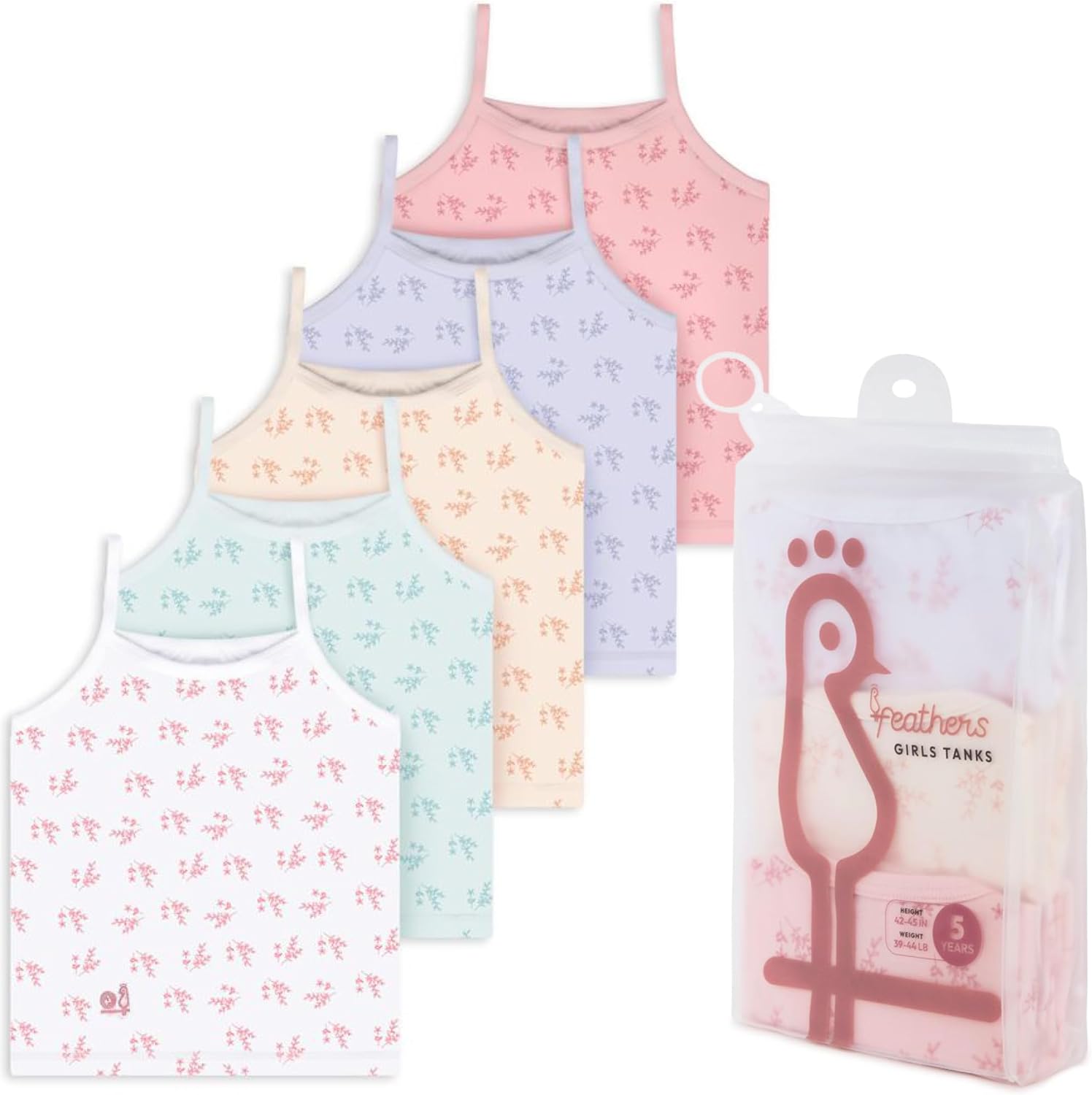 Feathers Leafy Style Super Soft Girls Undershirts Tagless Camisoles – Cotton Cami Girls Tank Tops (5 Pack) - Image 6