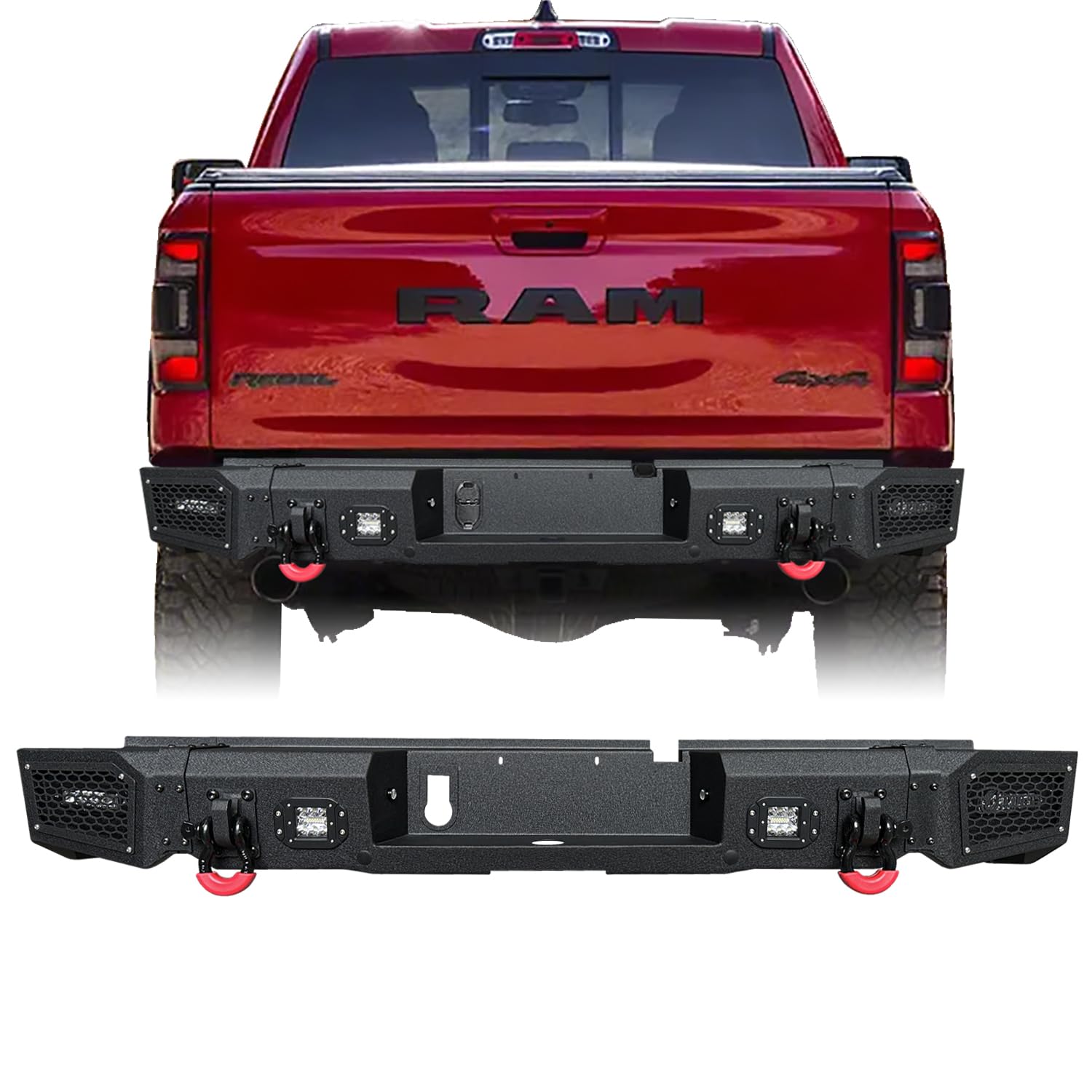 TIOYAR Rear Bumper Black Texture Compatible with 08-19 Dodge RAM 1500 and 19-23 Dodge RAM 1500 Classic w/4x24W Aluminum Lights & 2 D-Rings