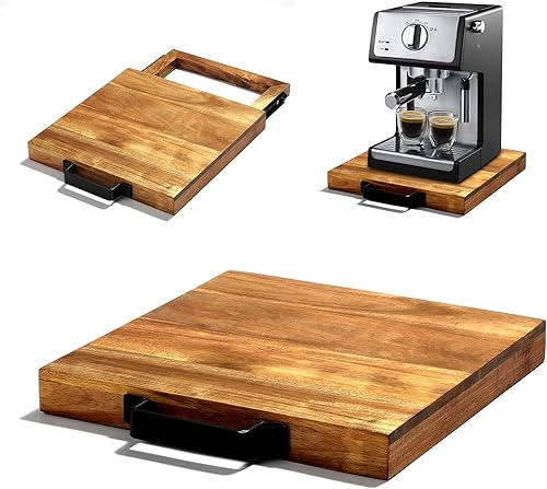 Miniatura 7 de Bandeja deslizante de acacia natural para máquina de café Dispositivo de cocina Carrito móvil, deslizador de electrodomésticos, bandeja de rodadura