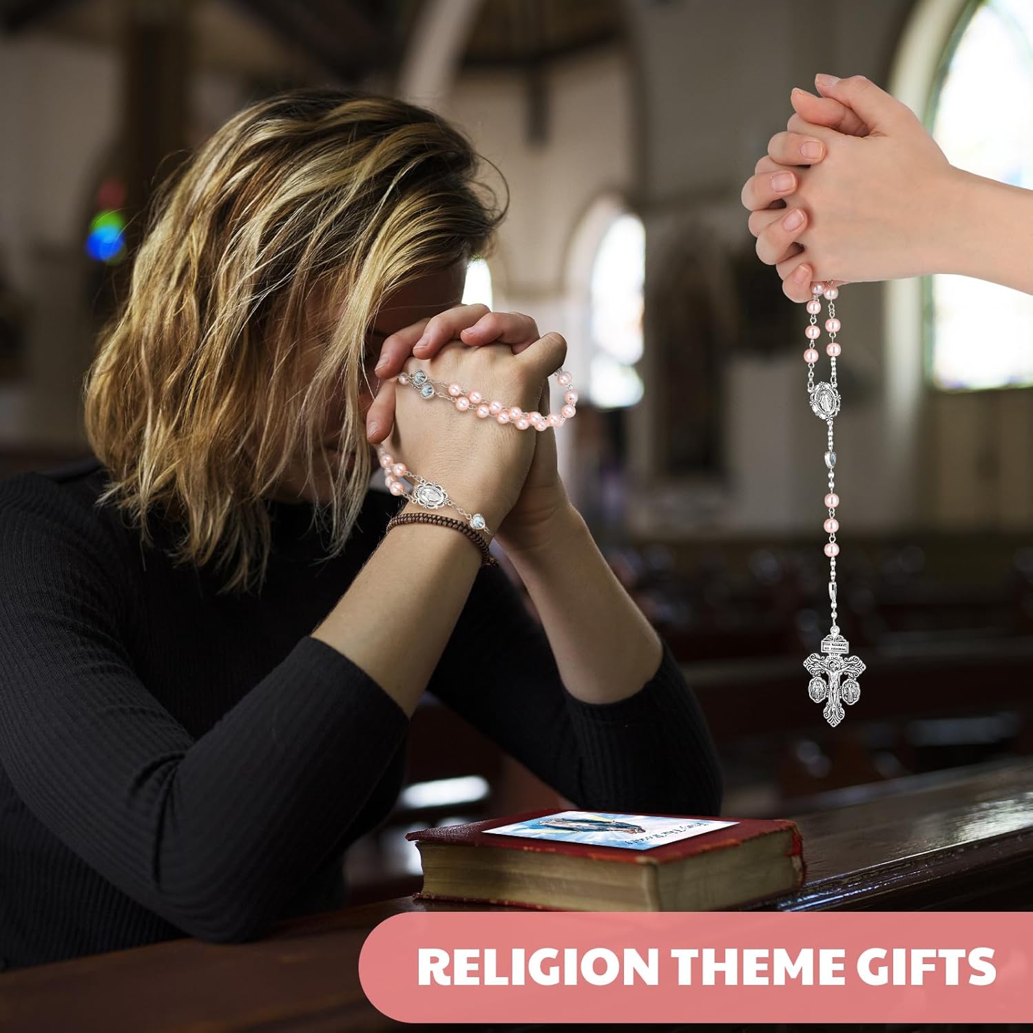 Landical 12 Sets 8 mm Pearl Rosary Beads with Crucifix Catholic Gifts for Women Pink Pearl Beads Rosary Necklace with Pray Cards for Women Men First Communion Christian Confirmation Gifts - Image 5