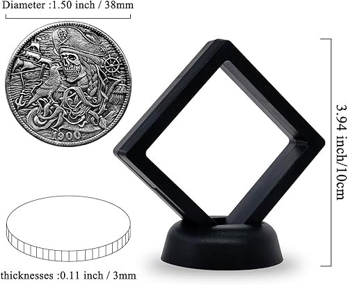 Miniatura 2 de SQEYYGI Moneda de calavera pirata Morgan Hobo chapado en plata sobre réplicas de monedas de cobre con elegante vitrina de monedas