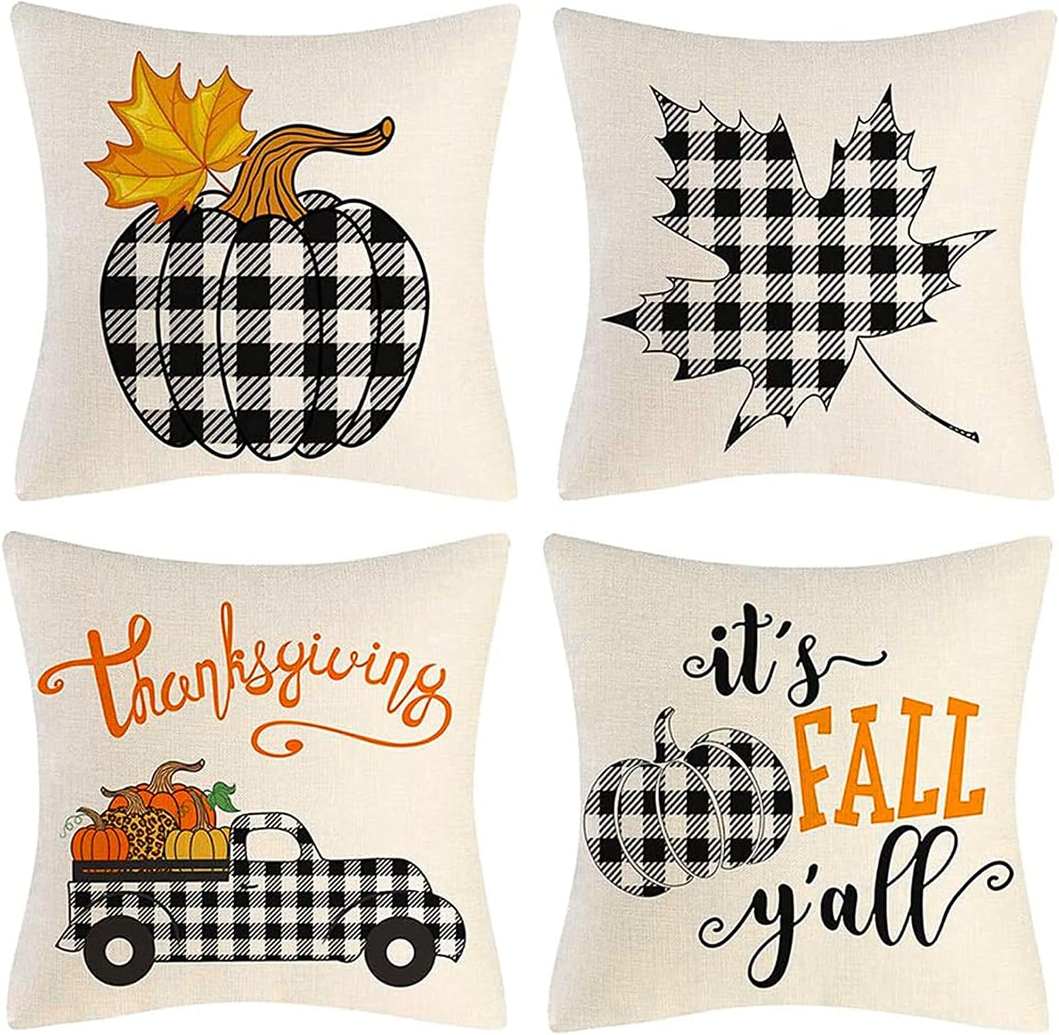 CHICHIC Fall Throw Pillow Covers, 18x18 Inch Autumn Pumpkin Decorations Throw Pillows Cases, Fall Decor Thanksgiving Day Harvest Decorations Cushion Covers for Couch, Set of 4, Black White Buffalo