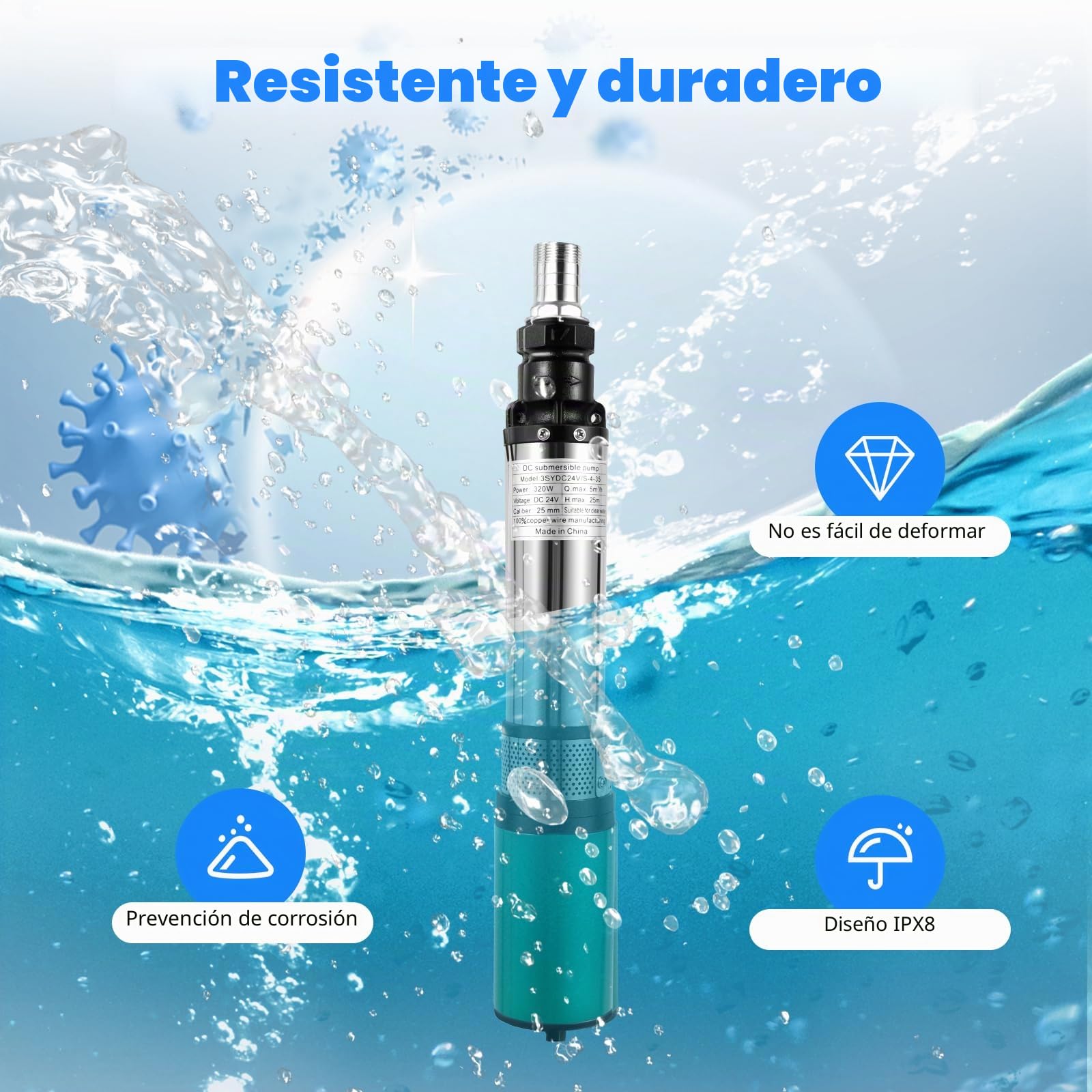 Bomba sumergible para pozos profundos, de acero inoxidable, 320 W, 3000 L/h, caudal de 25 m, IPX8, con filtro de suciedad y cable de conexión de 16 m, energía solar