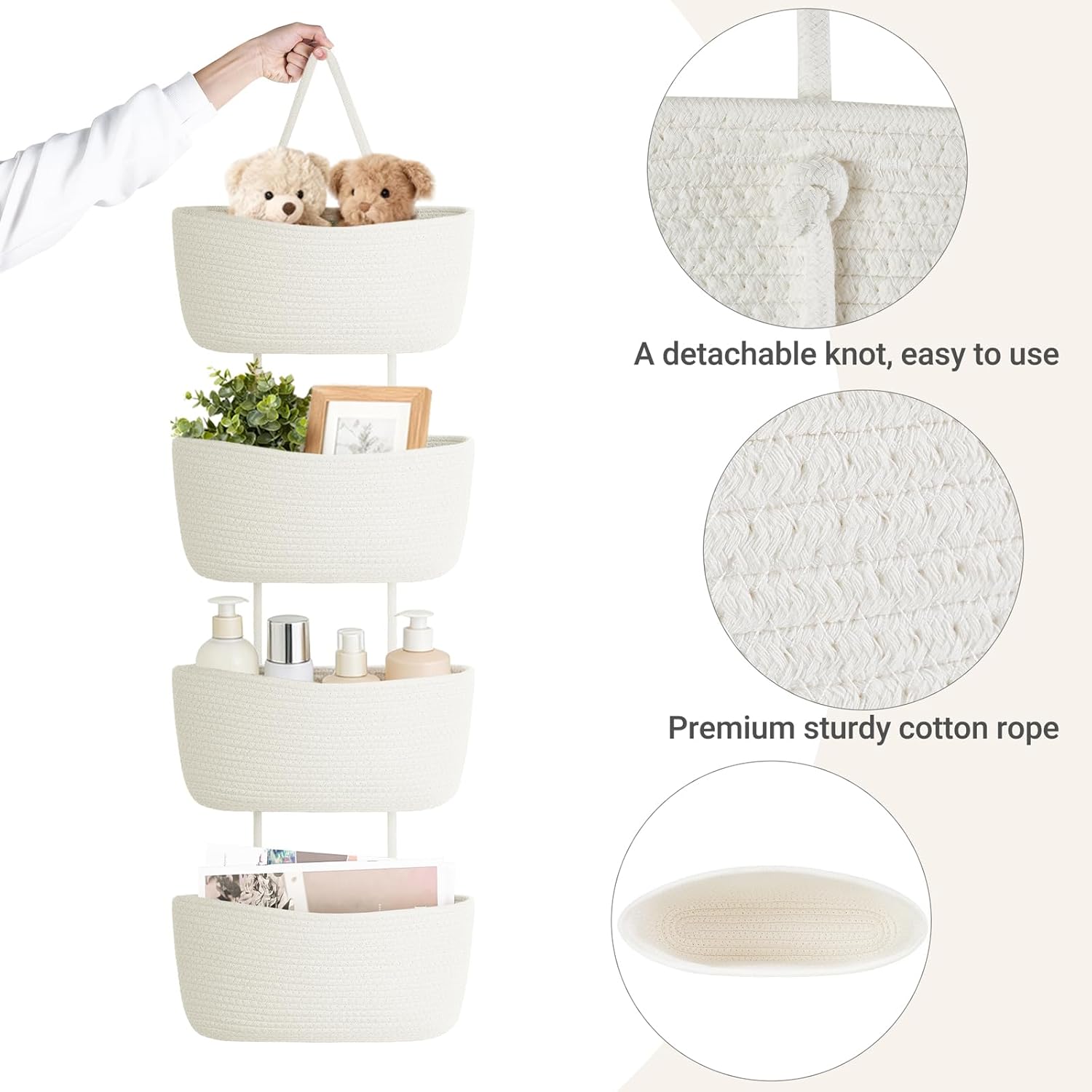Dahey Over The Door Hanging Basket 4-Tier Woven Boho Wall Mounted Storage Organizer with Hooks for Bedroom Nursery Bathroom Apartments Dorm Pantry Decor, White