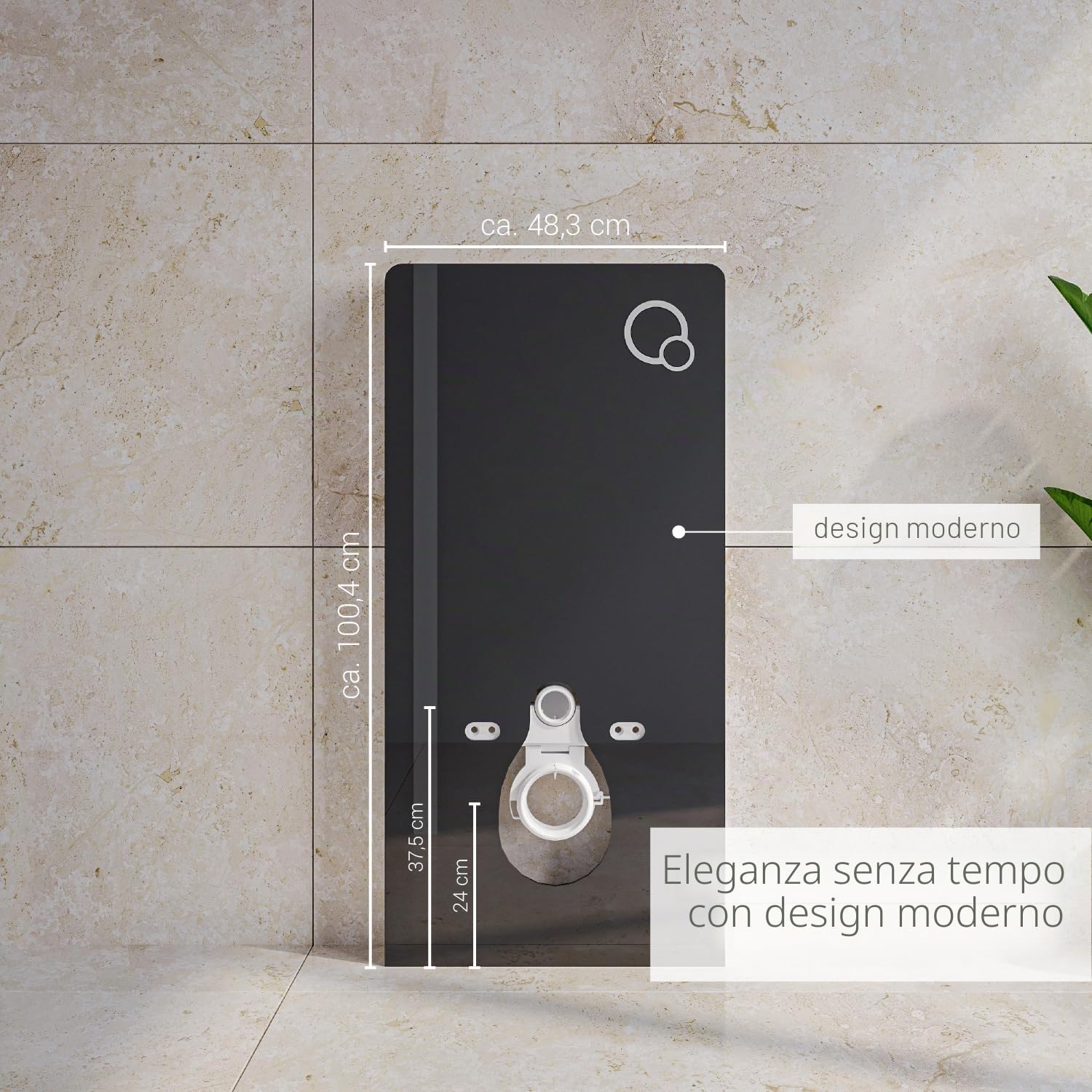 sistema modulo sanitario 805 di installazione per WC vaso sospeso a parete esterno- con pulsante di scarico - in alluminio e vetro nero - cassetta monoblocco - bella e funzionale
