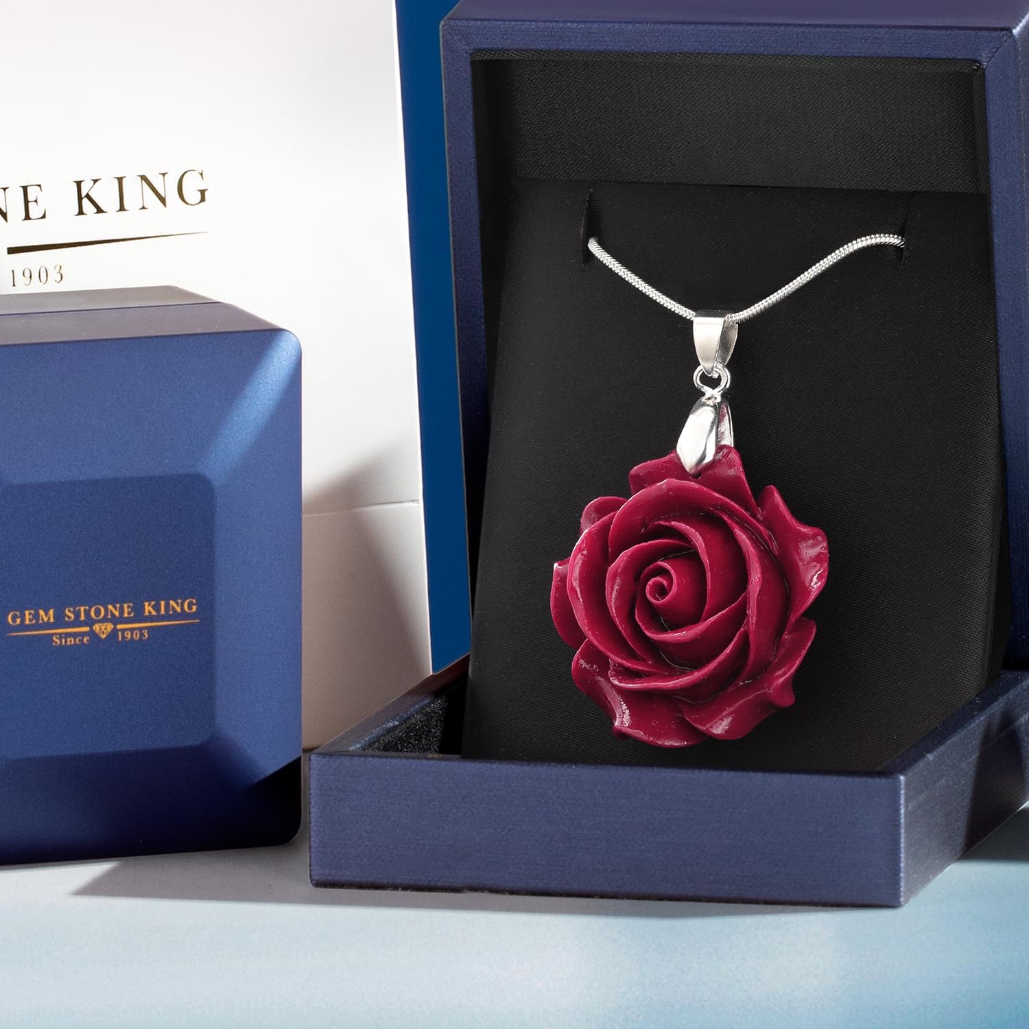 Gem Stone King 35MM Red Simulated Coral Carved Rose Flower Pendant With 16 Inch + 2 Inch Extender Chain - Image 5