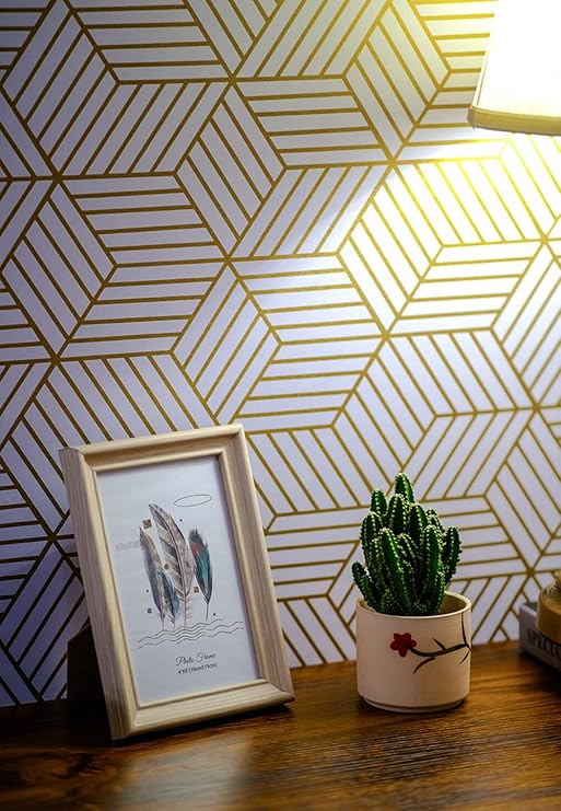 White and Gold Geometry Stripped Hexagon Peel and Stick Wallpaper Gold