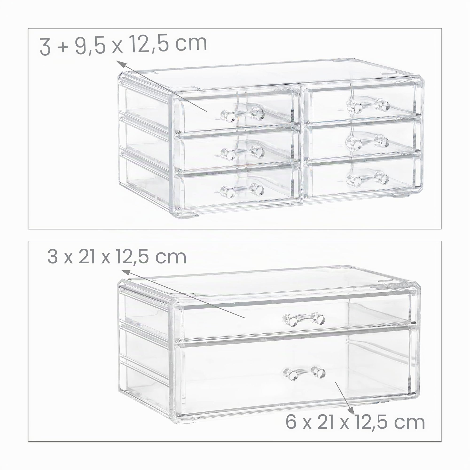 Relaxdays Organizador de Maquillaje con cajones, Fibra acrílica, Neceser apilable, Transparente