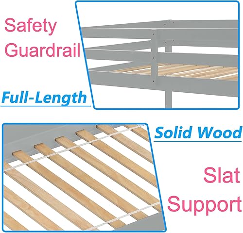 Miniatura 5 de Anwick Litera baja de tamaño individual sobre individual con escaleras y rieles, marco de literas de madera con barandilla de seguridad y listones