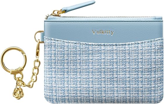 Vulkitty Slim Coin Purse with Keychain Minimalist Zipper Pouch Change Wallet Credit Card Wallet for Women Blue