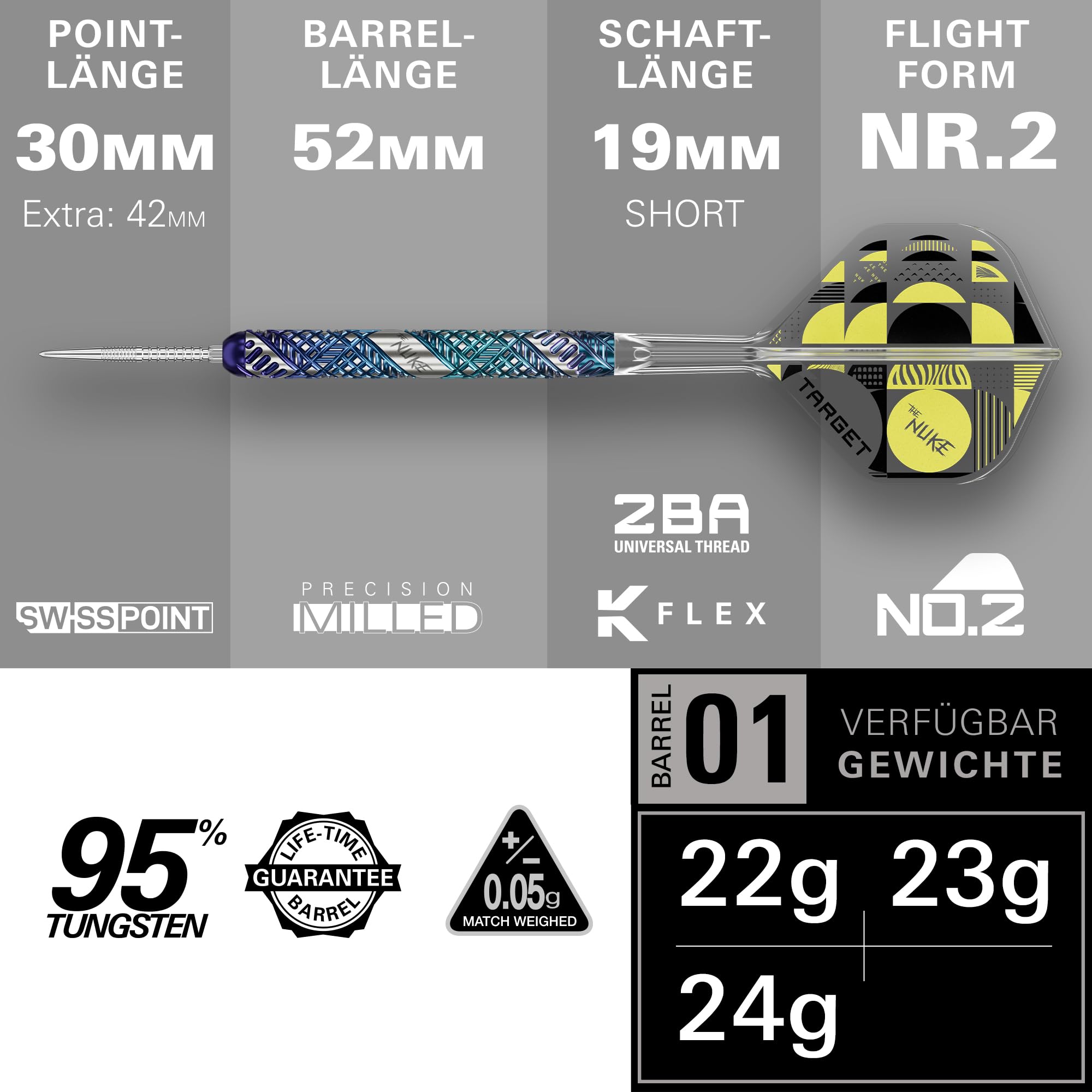 Target Darts Luke Littler Edge Steel Tip Swiss Point Dart Set, 22G/23G/24G | 95% Wolfram-Darts, The Nuke“ Player Edition mit Takoma-Etui, zusätzlichen Fire Points und Nr. 2 K-Flex-Flügeln