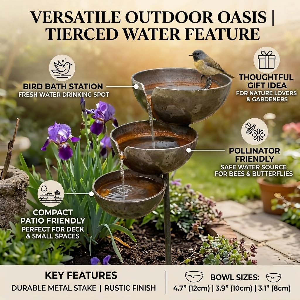 Bronze Rain Catcher Garden Stake, 68x12x5cm 3-Tier Metal Rain Catcher for Garden & Bee Watering Station, Decorative Wildlife Water Bowl, Small Bird Baths & Garden Ornaments for Outdoor，2PCS