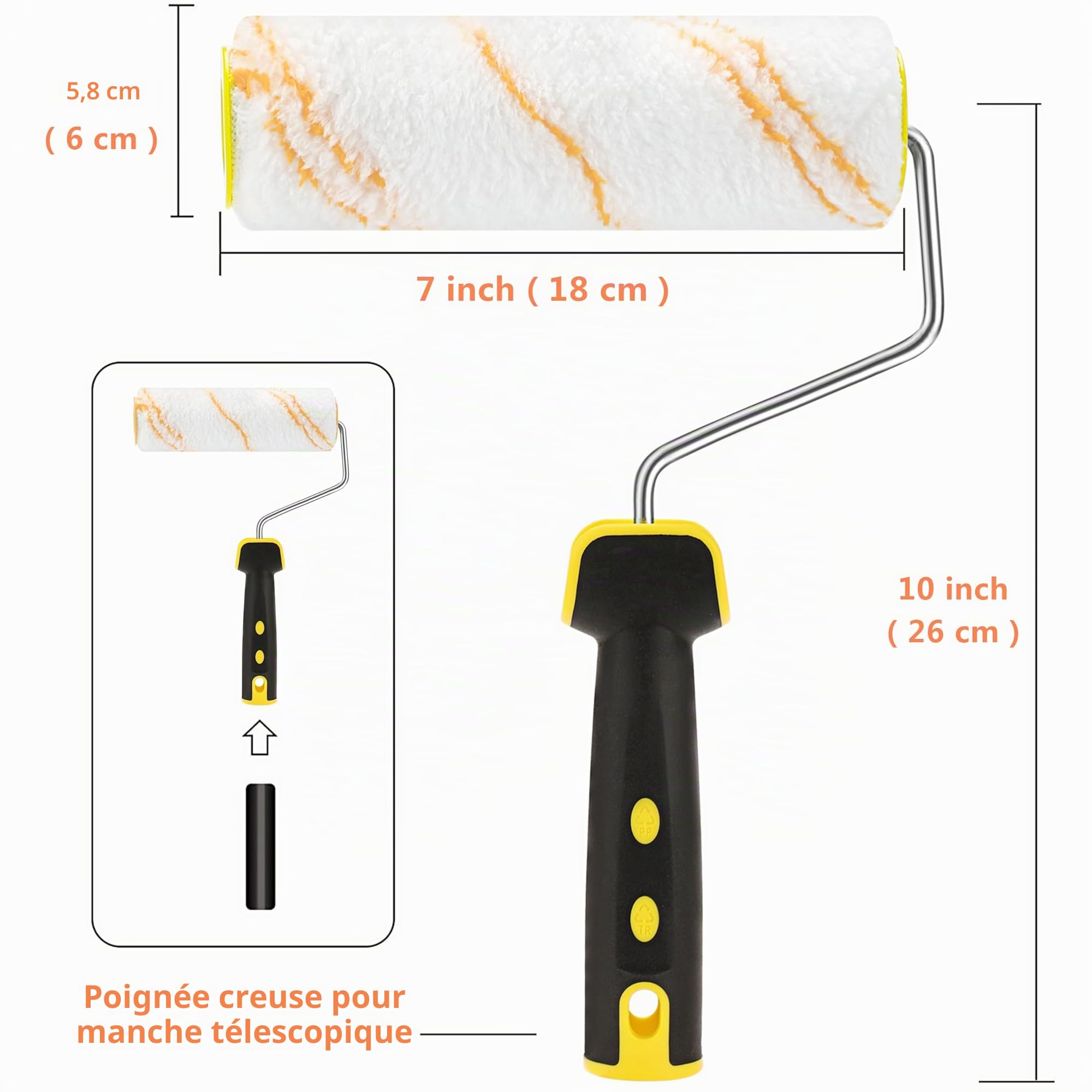 Rouleau de Peinture, 6 Pcs Kit Rouleau à Peinture, 5 Pcs Pinceaux de Peinture Rouleaux（18cm）+ 1 Poignée, Diamand Ensemble de Peintre, Rouleau et Recharge Pour le Mur et le Plafond Antigoutte.