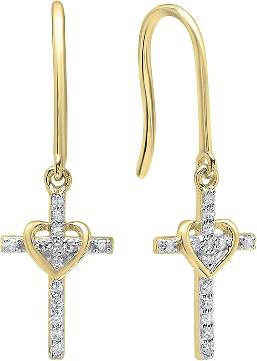 Dazzlingrock Round White Natural Diamond Women Cross & Heart Drop Earrings | 0.15 Ctw | 10K Real Solid Gold