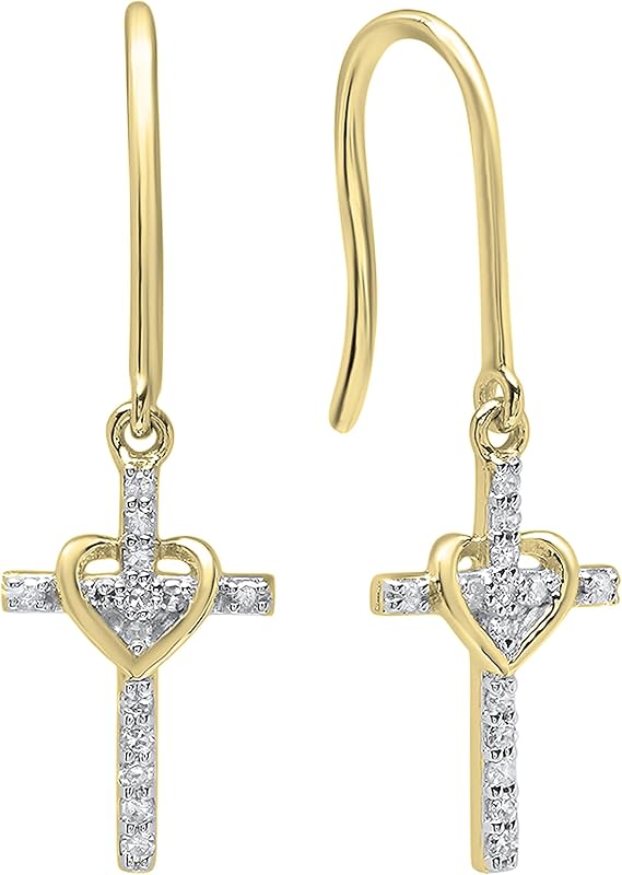 Dazzlingrock Round White Natural Diamond Women Cross & Heart Drop Earrings | 0.15 Ctw | 10K Real Solid Gold