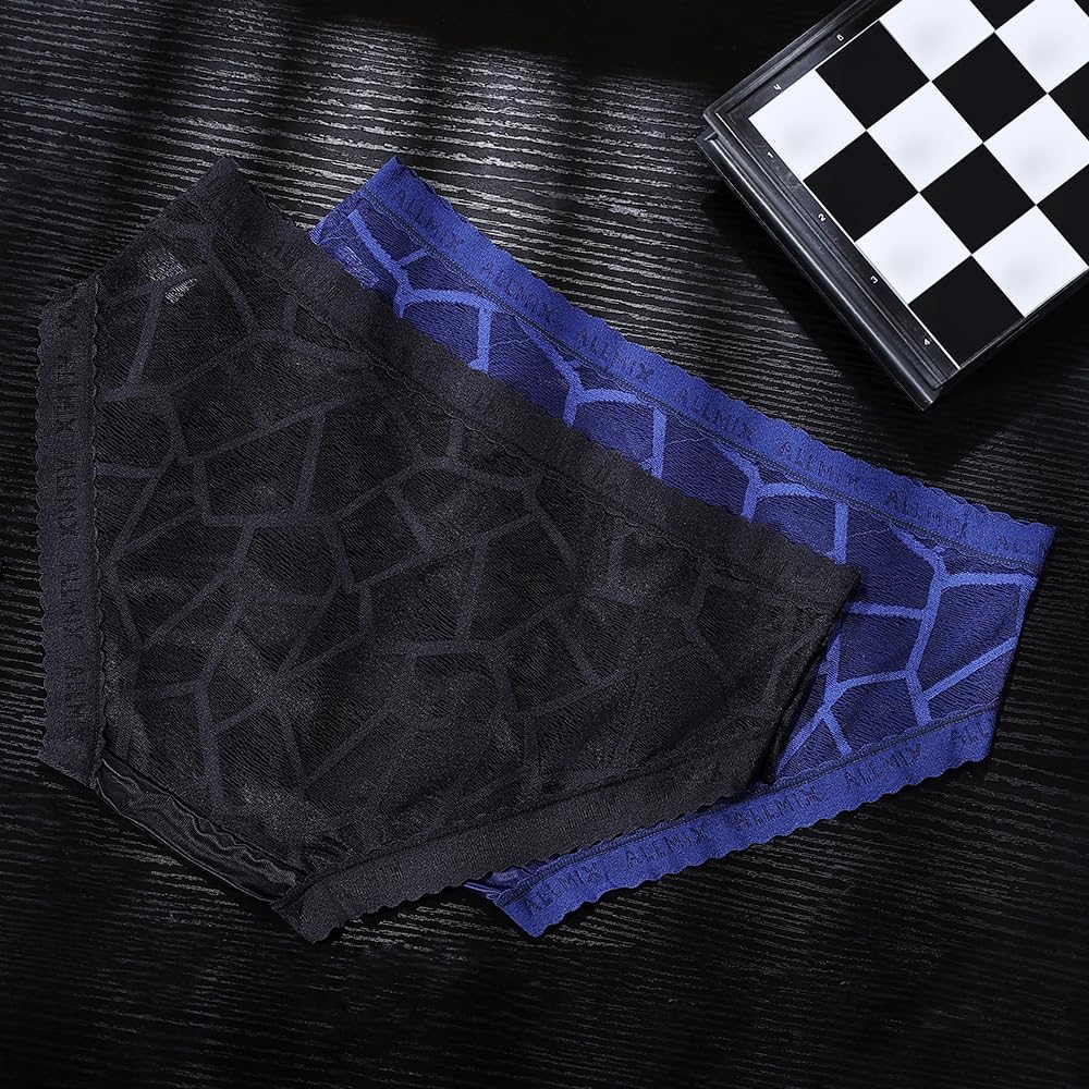 Men's 3D Bulge Pouch Briefs - Sheer Lace Ice Silk Underwear with Letter Waistband - Image 2