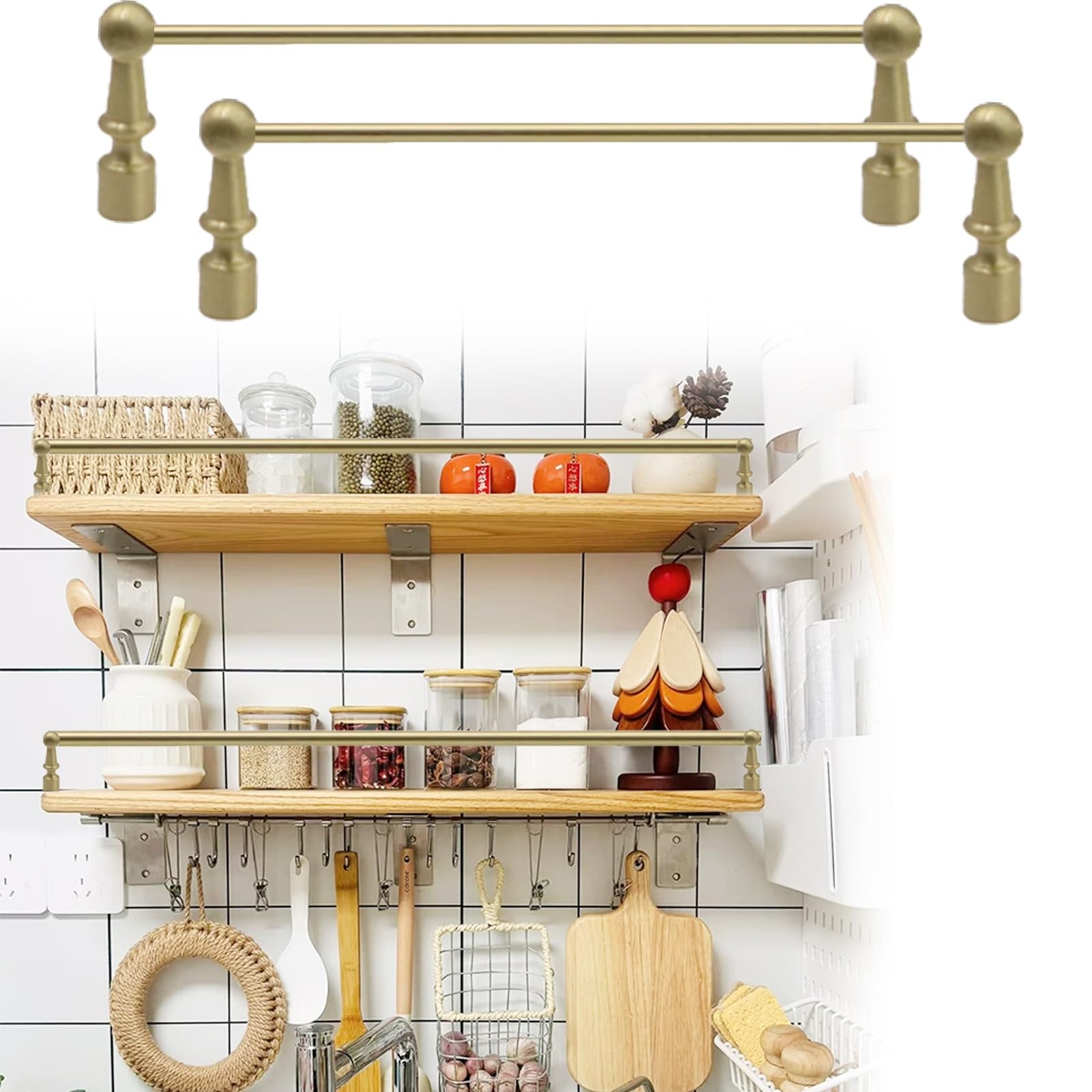 Minglez One Color Gold Brass Tipping Rail For Shelf/Bookshelf, Decorative Shelf Guard Rail For Cabinet Shelf Fence, 2 Pcs Customizable Gallery Rail Kits For Wood Shelves(71Inch/1803Mm)