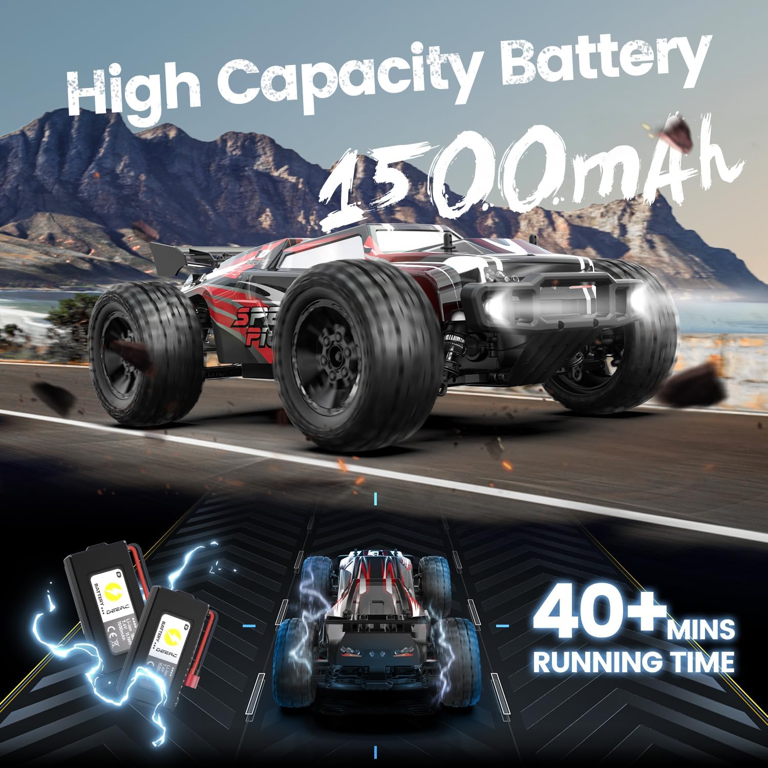 DEERC 9206E RC Ferngesteuertes Auto mit 48 km/h High Speed, 4WD 1:10 CAR Off-Road 2.4GHz Funkfernsteuerung Monstertruck Buggy,2 Akku Lange Laufzeit,Crawler Spielzeug Rennwagen für Kinder Erwachsene