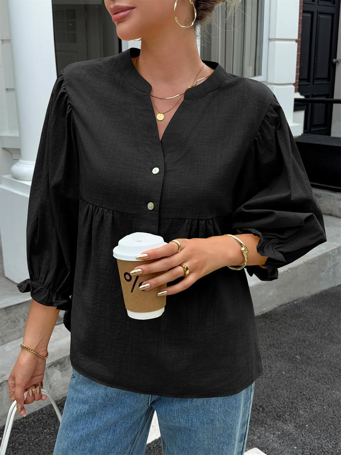 Tankaneo Womens Puff Sleeve Babydoll Tops V Neck Button Down Blouse Cute Casual Loose Fit Flowy Shirts - Image 3