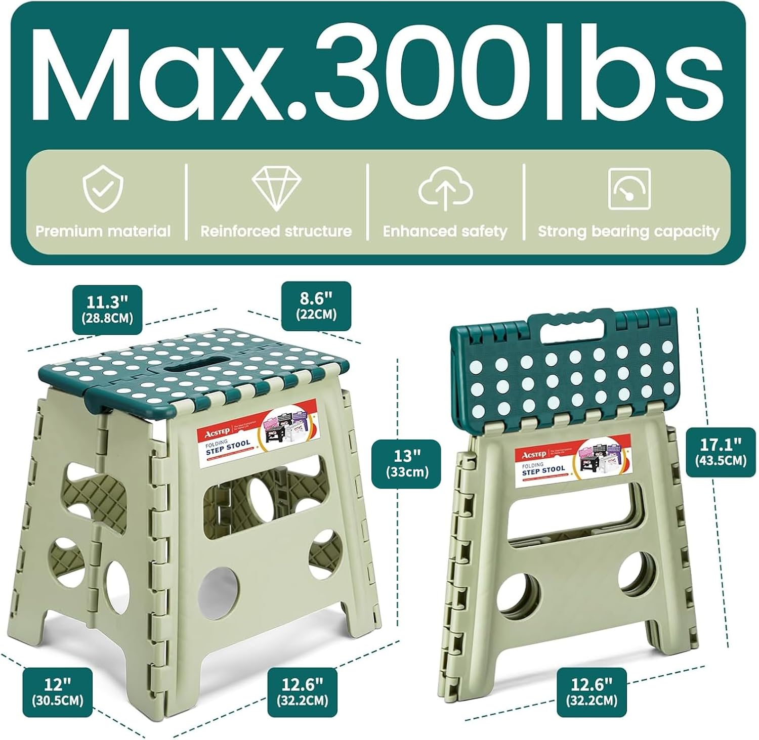 ACSTEP 9 Inch and 13 Inch Folding Step Stool 300 LB Capacity Plastic Foldable Step Stools for Kids and Adults, Folding Stool Suitable for Kitchen, Stepping Stool with Handle (Green & Bicolor Green)