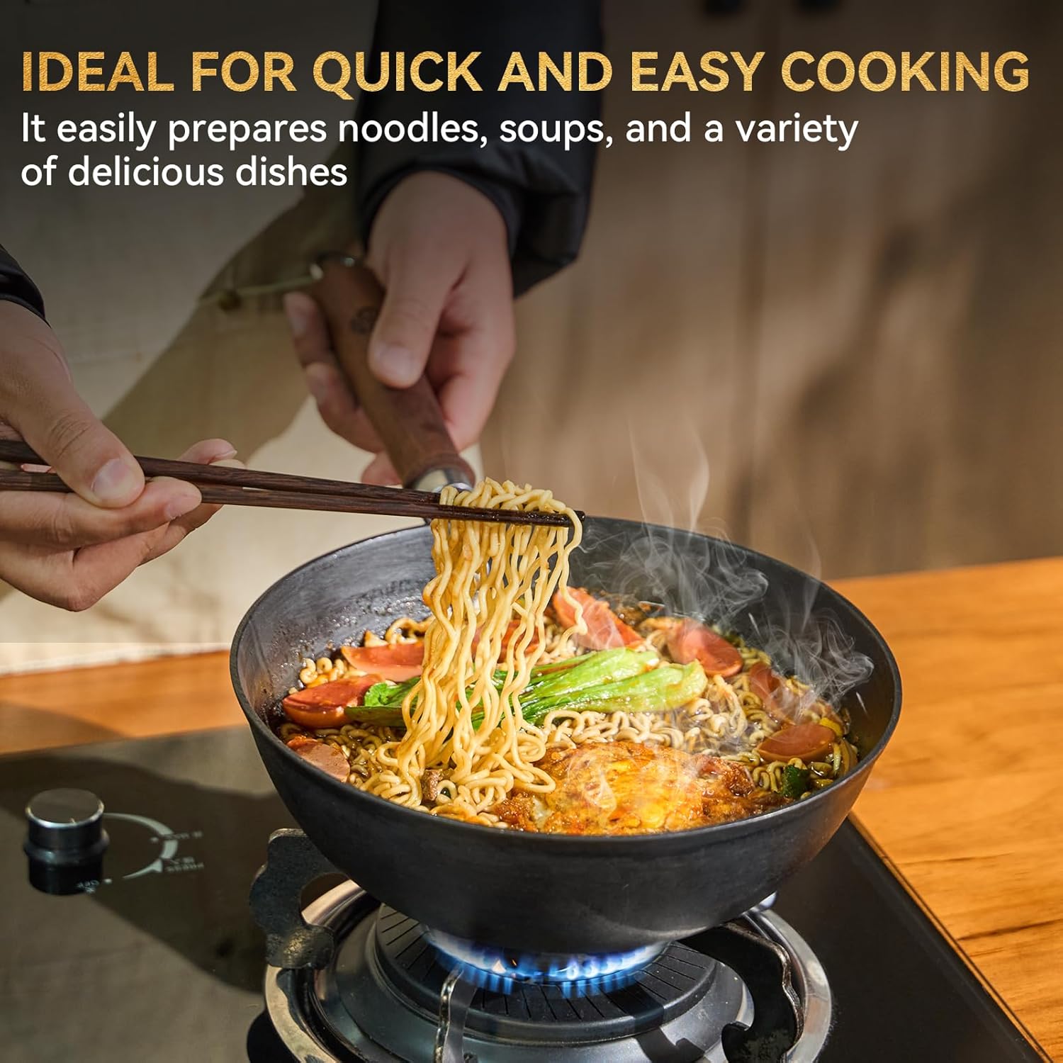 WANGYUANJI Cast Iron Wok Pan with Lid, 10.2 Inch Small Flat Bottom Stir Fry Skillet, Uncoated Traditional Chinese Iron Pot for 1-2 People, Compatible with Induction & Gas Stoves