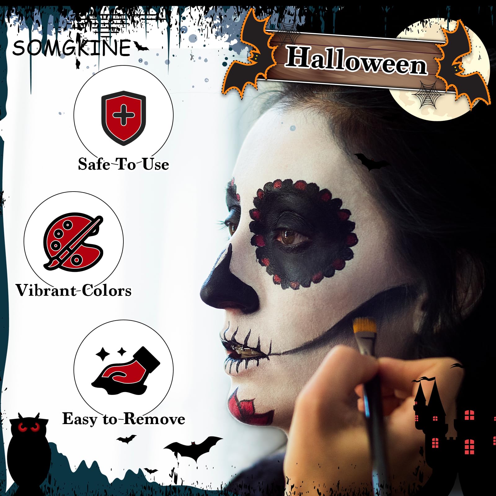 Czarny + biały + czerwona farba do twarzy i ciała, na Halloween, biało-czarno-czerwona, zestaw do makijażu twarzy i ciała, Cosplay SFX zestaw do makijażu na Halloween, szkielet, czaszka, klaun, wampir