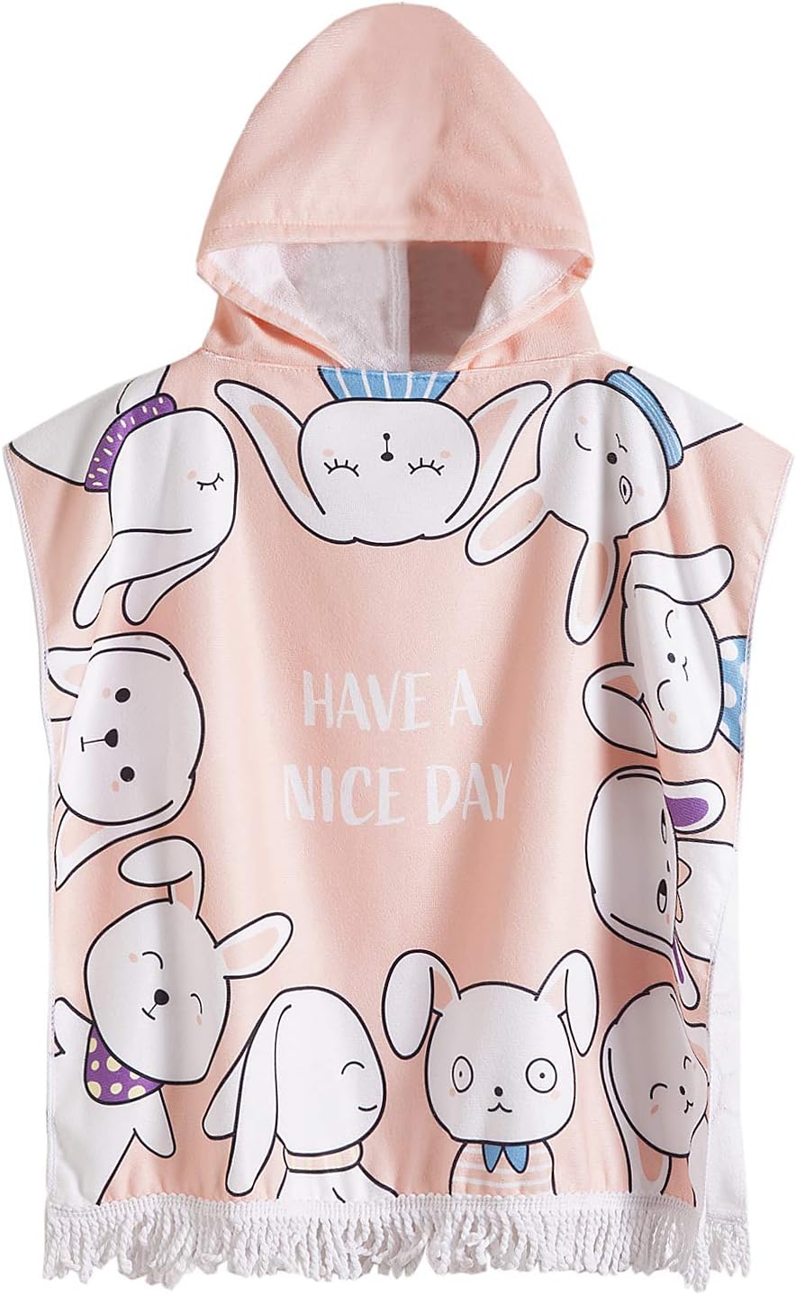 Kids Hooded Beach Bath Towel for Age 2-7 Years - Swim Pool Coverup Poncho Cape Multi-use for Bath/Shower/Pool/Swim 24" x 48"(Expression Rabbit)