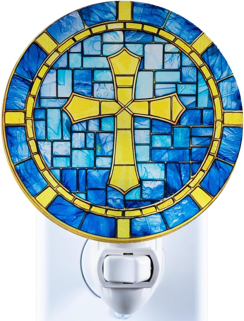 Stained Glass Styled Cross Night Light Plug in – Made with Real Glass, Bulb Included, On/Off Switch – Vintage Cathedral Cross – Christian Gift for Baptism or Memorial