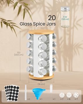 SONGMICS Rotating Spice Rack with 20 Glass Jars, Kitchen Organiser