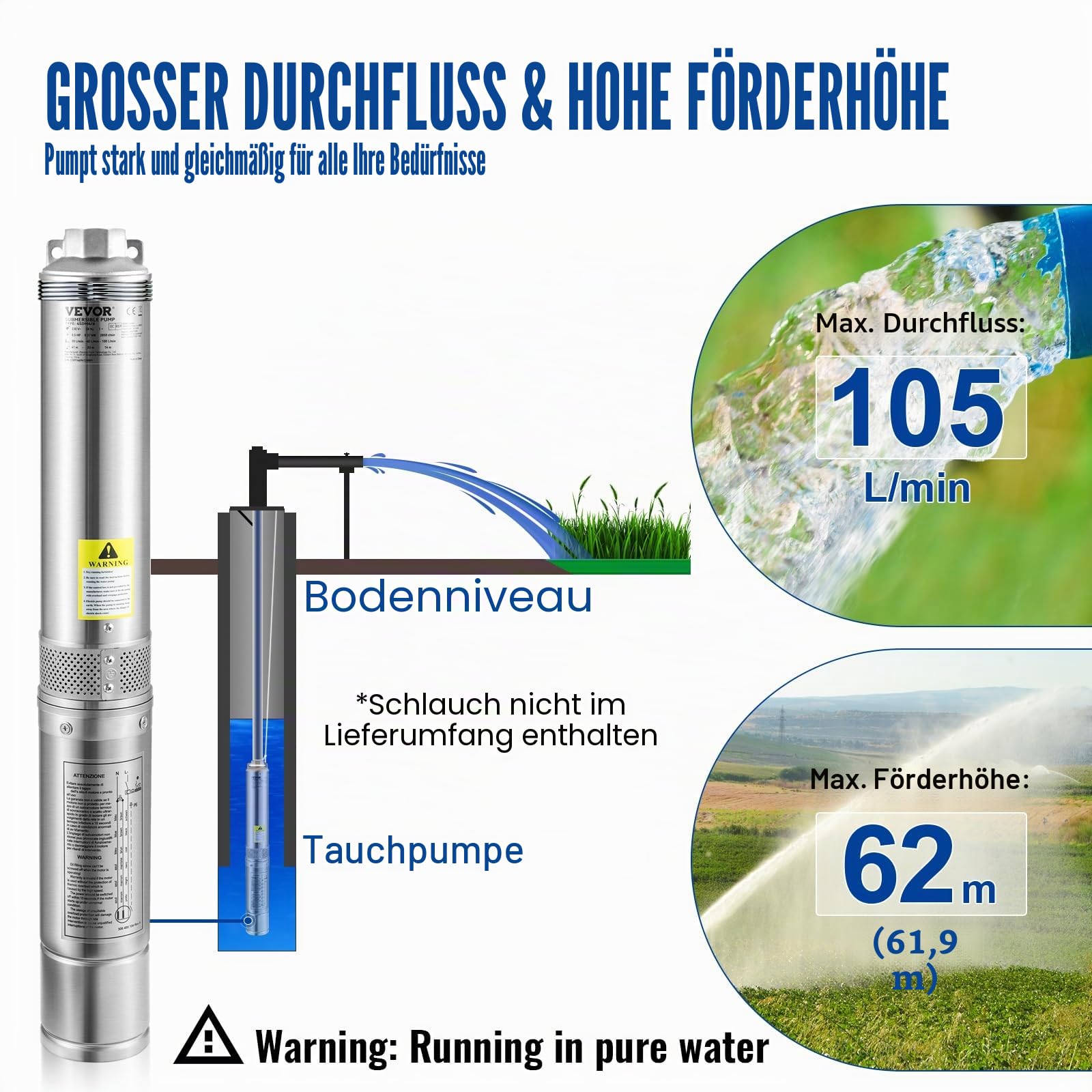 VEVOR 3, 5'' Tiefbrunnenpumpe 750W Brunnenpumpe 105L/min Tauchpumpe max. Förderhöhe 62m Rohrpumpe 230V 50Hz Sandpumpe IP68 Wasserpumpe mit 20m Kabel Pumpe Ideal zur Bewässerung, Silber