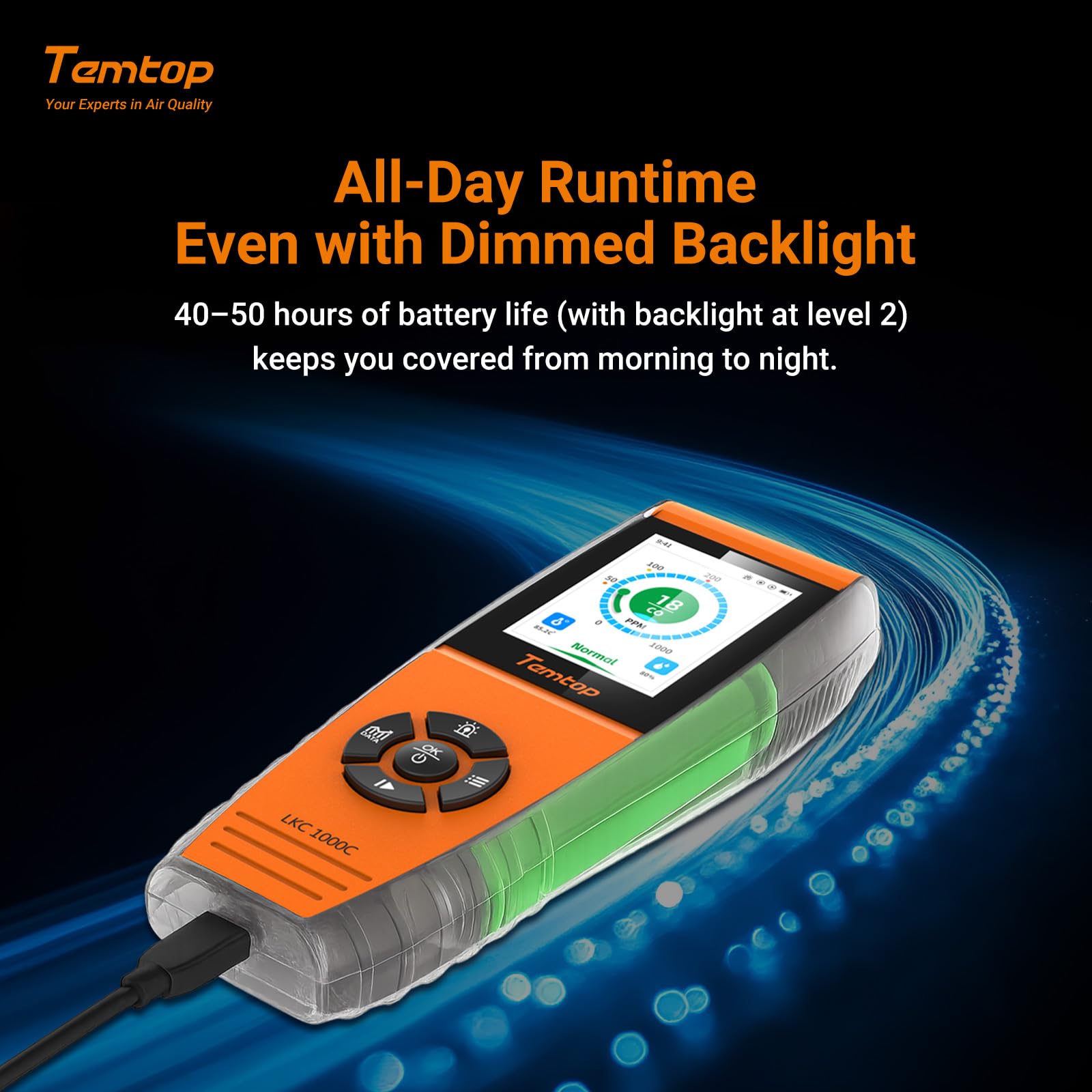 Temtop LKC-1000C Portable C-O-Detektor mit Temperatur- und Feuchtigkeitsanzeige, Messbereich 0–1000 ppm, TFT-Farbdisplay, individuelle Alarme für zu Hause/Garage/Sicherheitsüberwachung