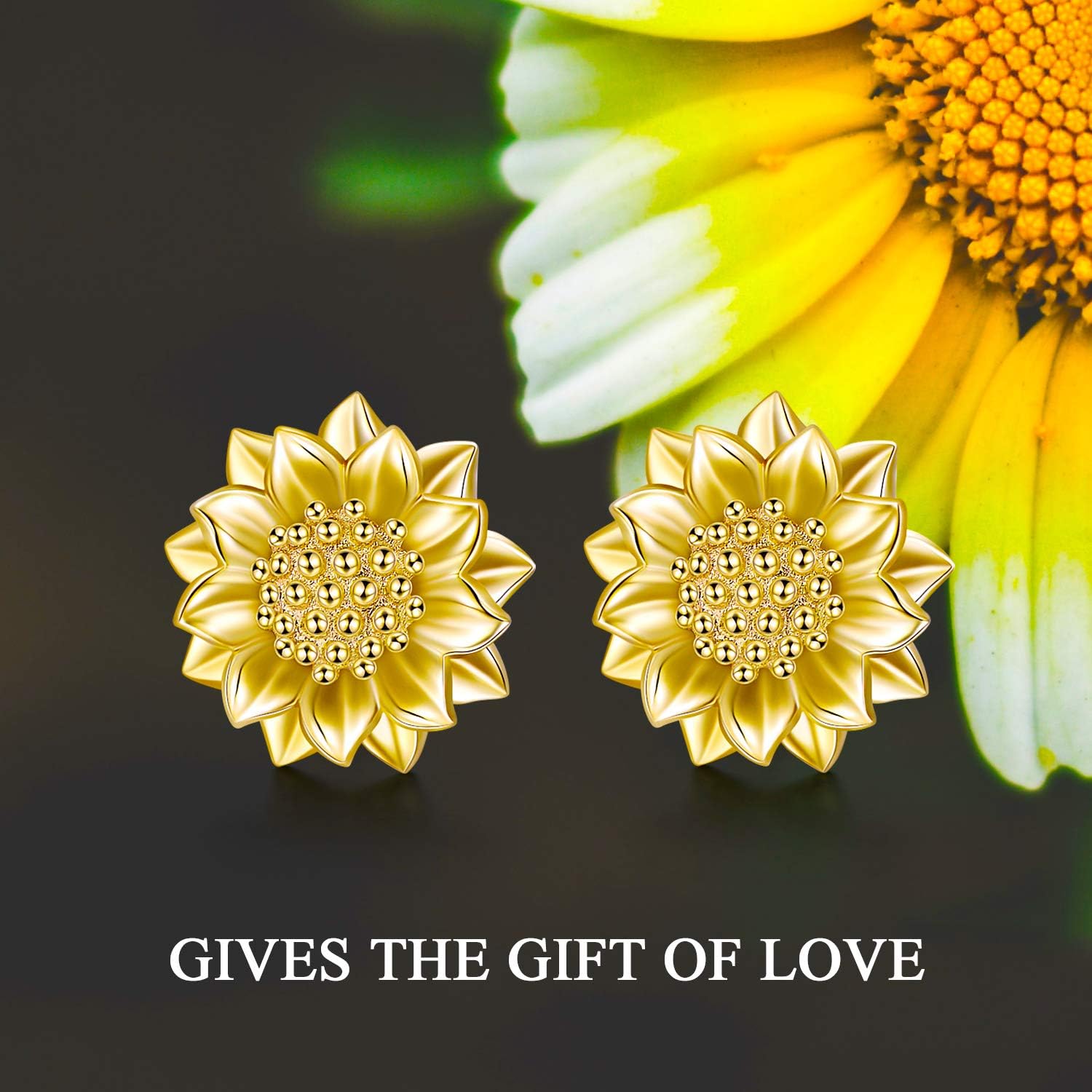 14K Solid Yellow Gold Sunflower Earrings for Women, You are My Sunshine Gold Sunflower Stud Earrings Christmas Birthday Jewelry Gift for Mom, Wife, Sister