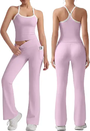 VVX Women 2 Piece Workout Sets High Waisted Flare Leggings with Pockets and Matching Cross Back Tank Top