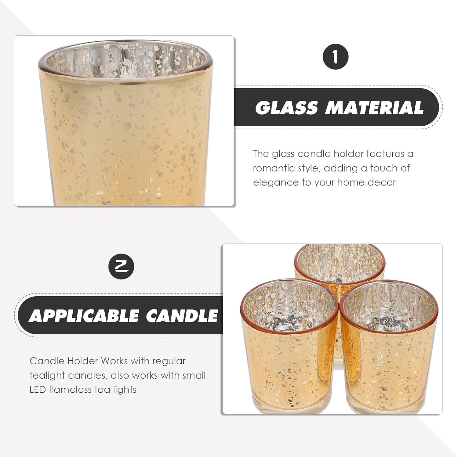 12pcs Glass Tealight Candle Holders Set, Golden Glass Candle Cups for DIY, Elegant Old-time Look, for Home Living Room and Tabletop Decoration