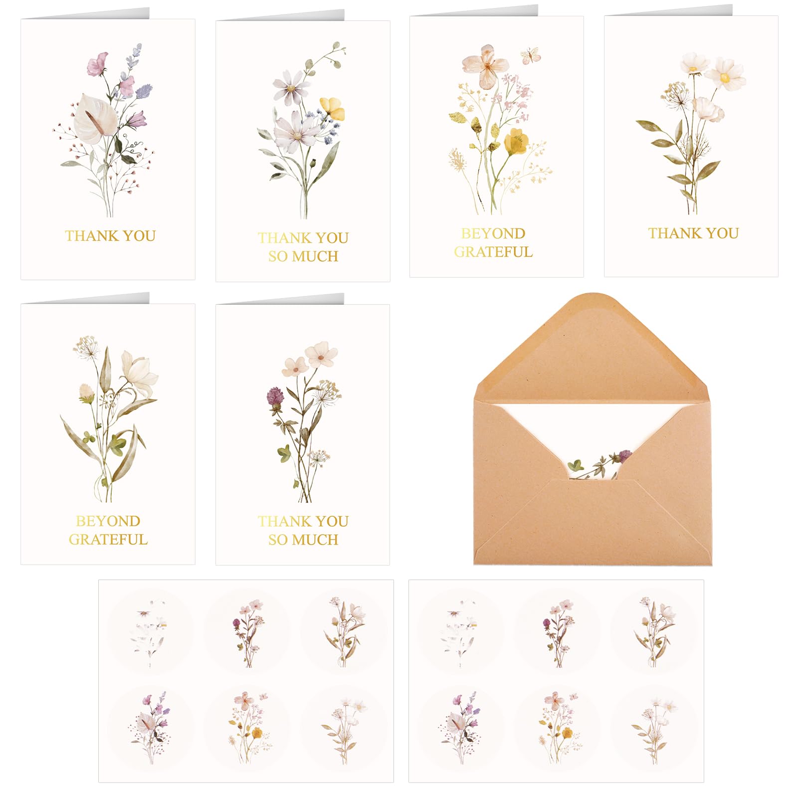 jijAcraft 12Pack Floral Thank You Cards for Friends/Teachers/Family, 6 Flower Designs Thank You Cards with Envelopes and Stickers, 150x100mm Blank Greeting Card for Appreciation, Wedding