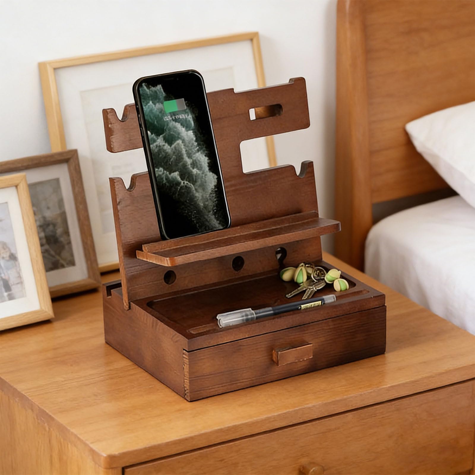 Supporto per telefono e scrivania in legno per diversi dispositivi, adatto per la maggior parte delle dimensioni dello schermo, in legno naturale