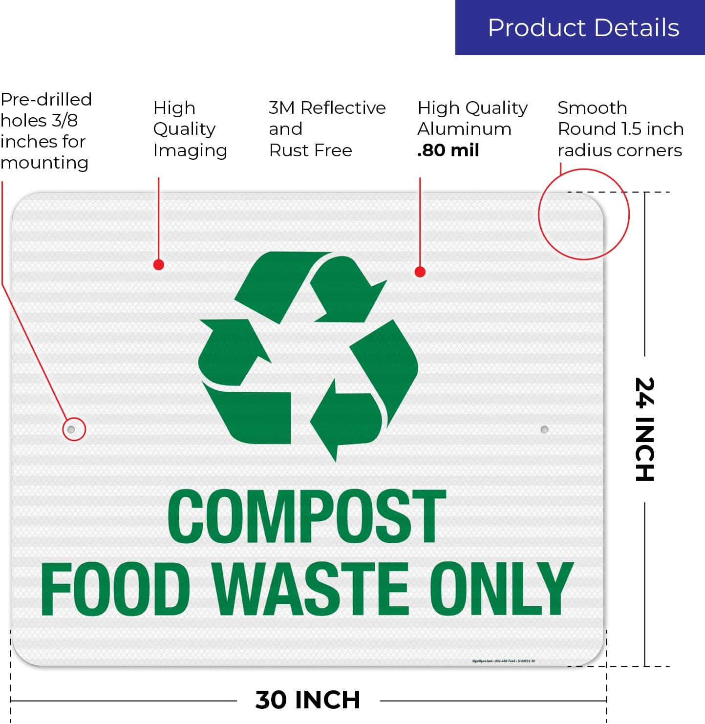 Compost Food Waste Only with Recycling Graphic Sign, 24x30 Inches, 3M EGP Reflective .080 Aluminum, Fade Resistant, Made in USA