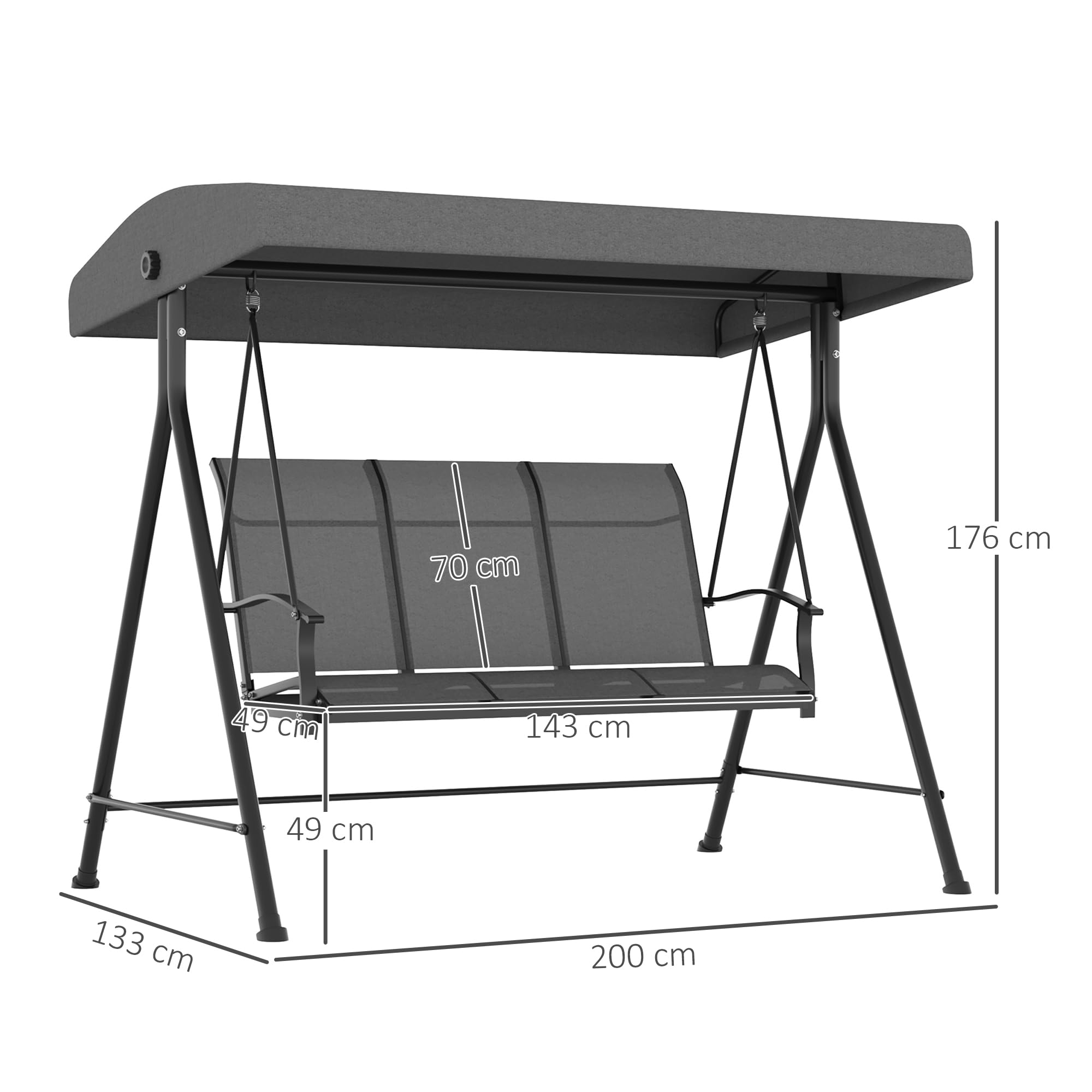 Outsunny Dondolo da Giardino 3 Posti con Tettuccio Parasole Regolabile, Dondolo da Esterno con Seduta Traspirante a Rete e Piedini Antiscivolo in Poliestere e Metallo, 200x133x176 cm, Grigio Scuro