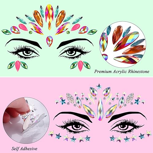Miniatura 9 de SIQUK 24 juegos de calcomanías para la cara de sirena, gemas de cara de sirena, cristales de diamantes de imitación para festivales, rave, fiesta de