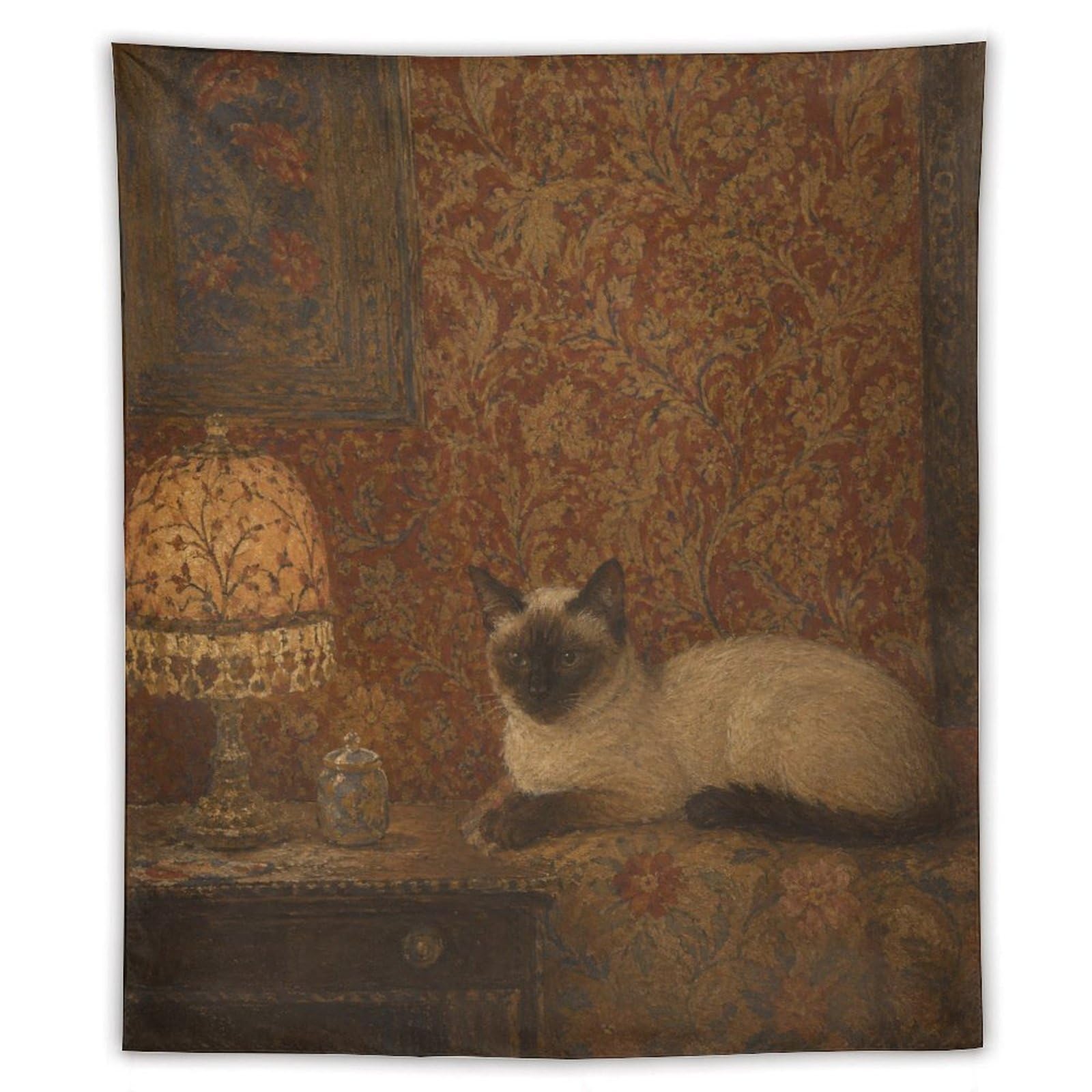 H3B8U2Y5 Siamese Cat by Lamp Wall Tapestry, Realistic Illustration