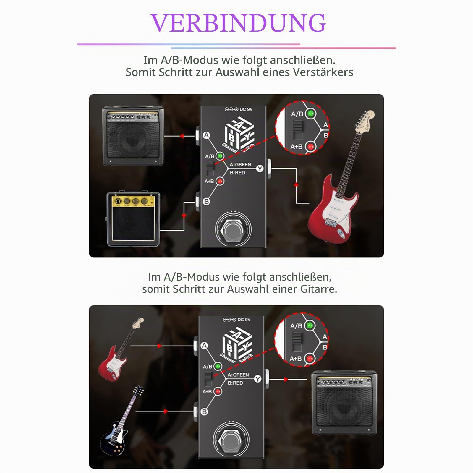 ABY Box Line Selector AB Schalter, Mini Pedale für Gitarre ABY Box Schalter Schalter AB Pedal Effekt für Gitarre Bidirektionale Übertragung Metallgehäuse Rutschfeste Halterung A/B oder A und B Modus