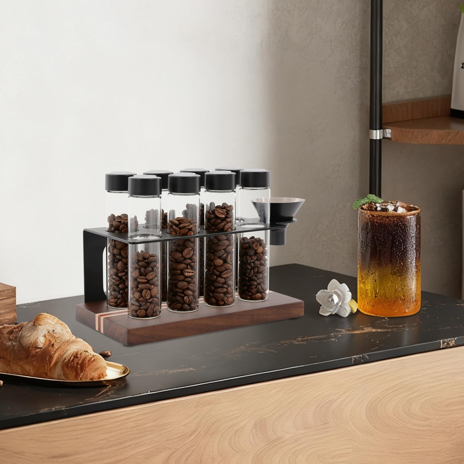 Pojemnik na 8 tubek ziaren kawy, pojedyncza dawka ze stojakiem i lejkiem, pojemnik do przechowywania ziaren espresso, jednorazowy zawór wylotowy, pojemność 18-22 g, czarny