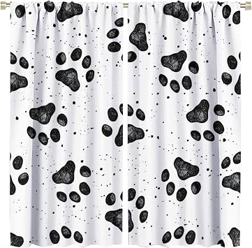 Dog Blackout Windows Curtains, Black Cartoon Dog Paw Print Cute Animal Curtain, for Kids Boys Girls Kawaii Animals Cartoon for Living Room 42x45in 2 Panels