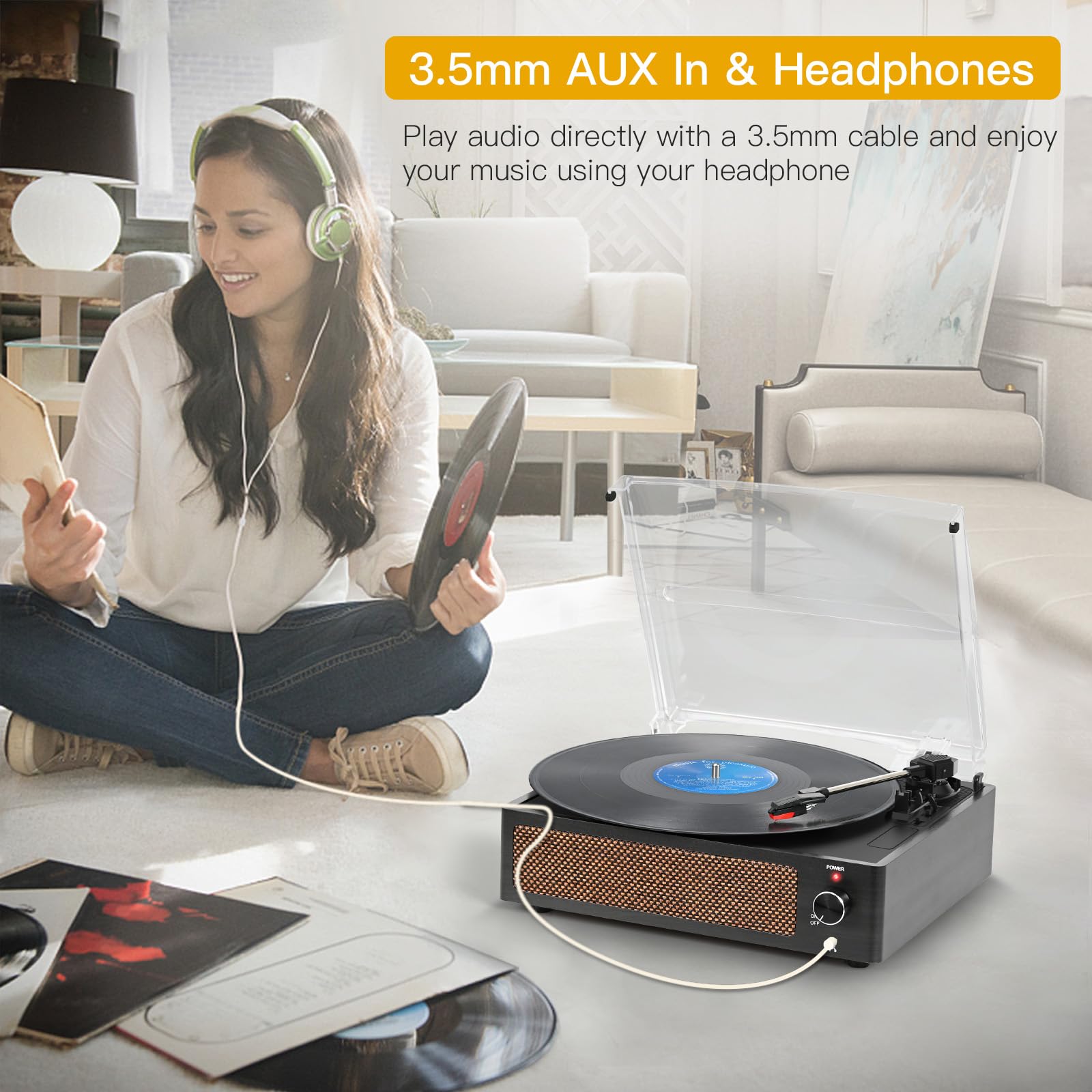 Trynnay Plattenspieler mit Lautsprecher Vinyl Schallplattenspieler Wireless LP Phonograph mit Eingebauten Stereo-Lautsprechern 3-Gang-Riemenantrieb Plattenspieler mit Lautsprechern Vintage-Kohle