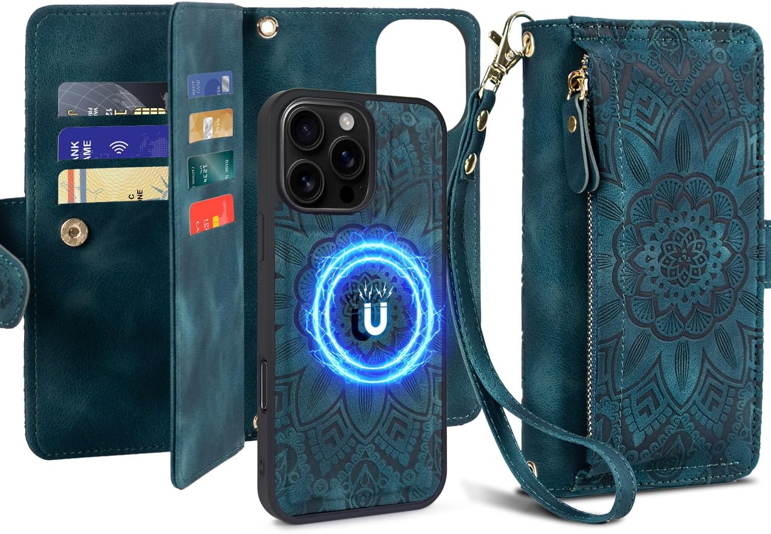 Harryshell for iPhone 15 Pro 6.1 inch Detachable Magnetic Case Wallet,Compatible with Magsafe Wireless Charging, [ RFID Blocking ] Card Slots, Cash Zipper Pocket Wrist Strap (Floral Teal)