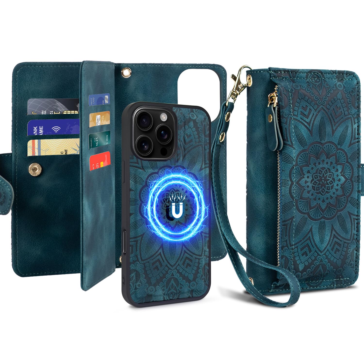 Harryshell Funda magnética desmontable para iPhone 14 Pro Max, compatible con carga inalámbrica Magsafe, ranuras para tarjetas, bolsillo con cremallera para dinero en efectivo (verde azulado floral)