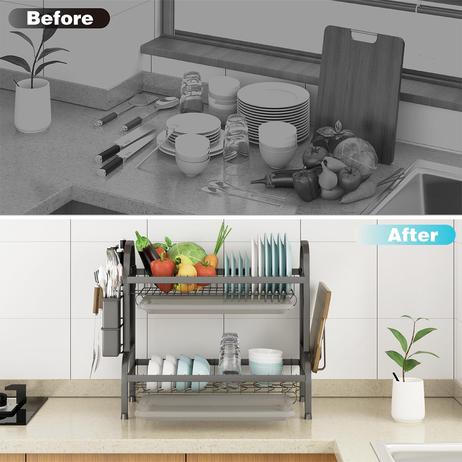 Égouttoir à Vaisselle à 2 Niveaux, Blanc Avec Plateau D'égouttement, égouttoir à Vaisselle En Acier Inoxydable, Support Pour Ustensiles Et Planche à Découper, égouttoir Pour Comptoir De Cuisine