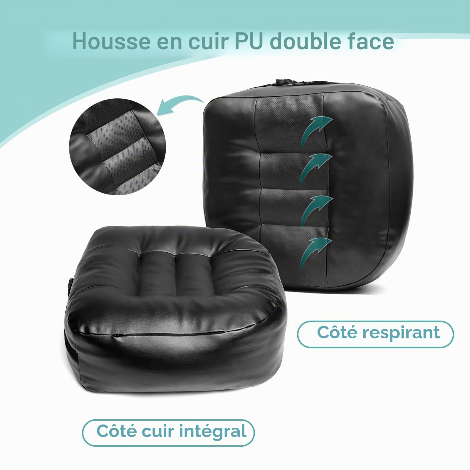 YOUFI Coussin d'assise en cuir synthétique pour chaise de bureau - Rehausseur épais - Rembourrage complet pour soutien - Avec housse en cuir respirant, poignée et boucle - Soulage les maux de dos - 45