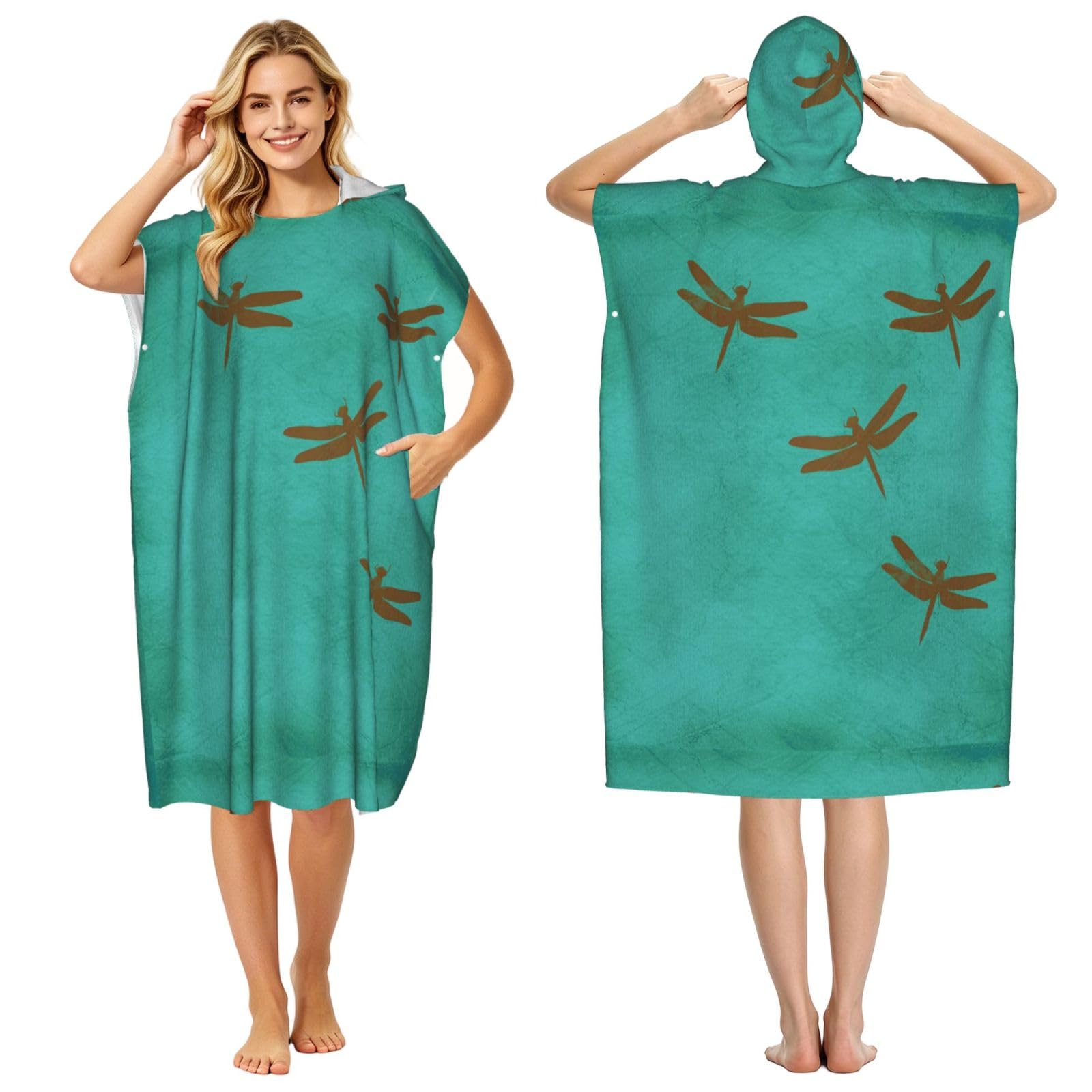 Poadnly Dragonflies And Teal Coloured, Adult Hooded Beach Towel 90 x 110 cm,Changing Bath Robe, Surf Poncho Towel For Women Men