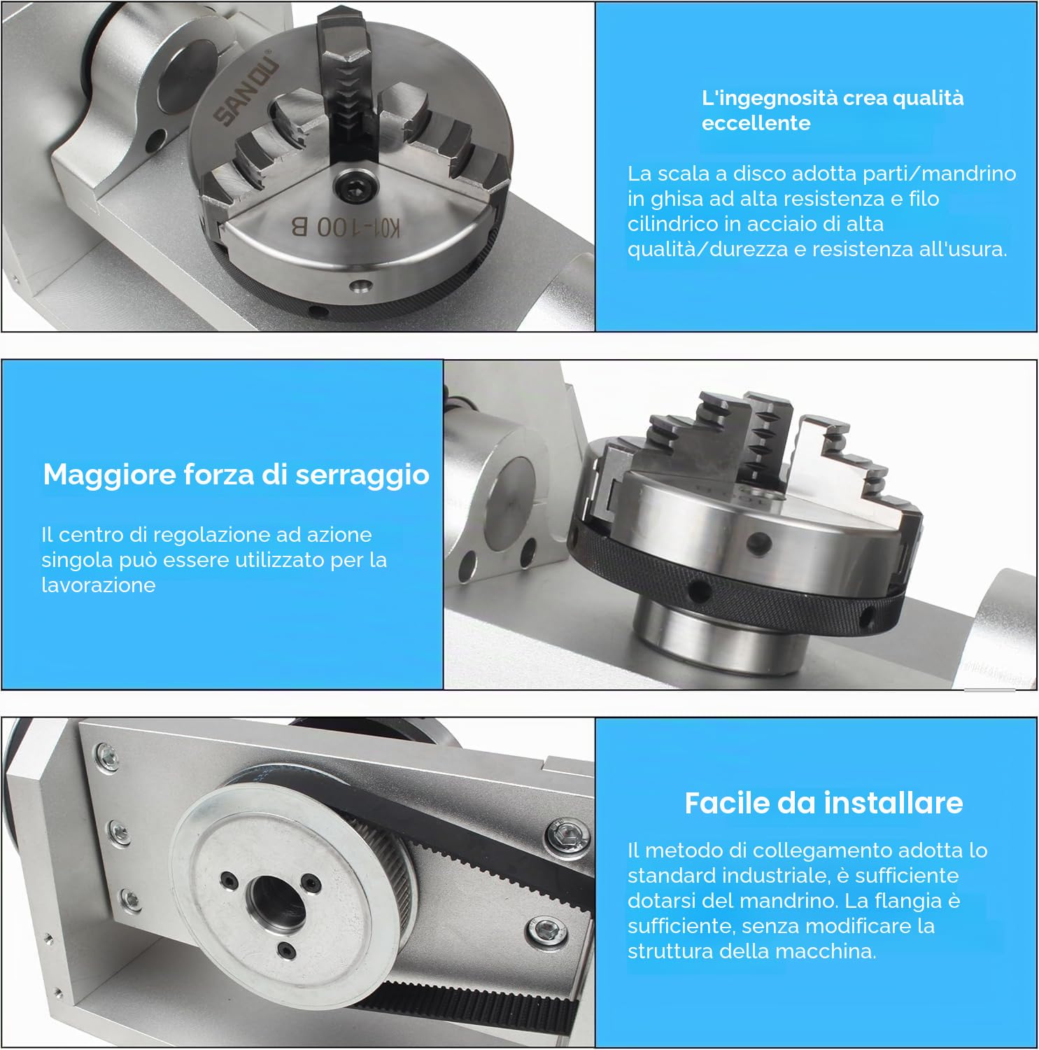 Fresatrice CNC a 5 assi con mandrino a 3 ganasce da 100 mm, testa divisoria per indicizzazione asse C asse A per instradamento e incisione CNC, motore passo Nema23